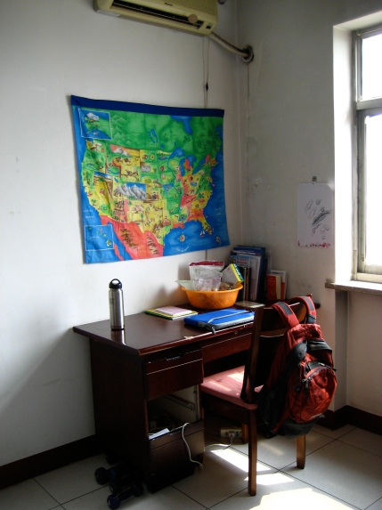 This is the desk in my room where I do my lesson planning. I found a lovely map of the United States to hang above it. 